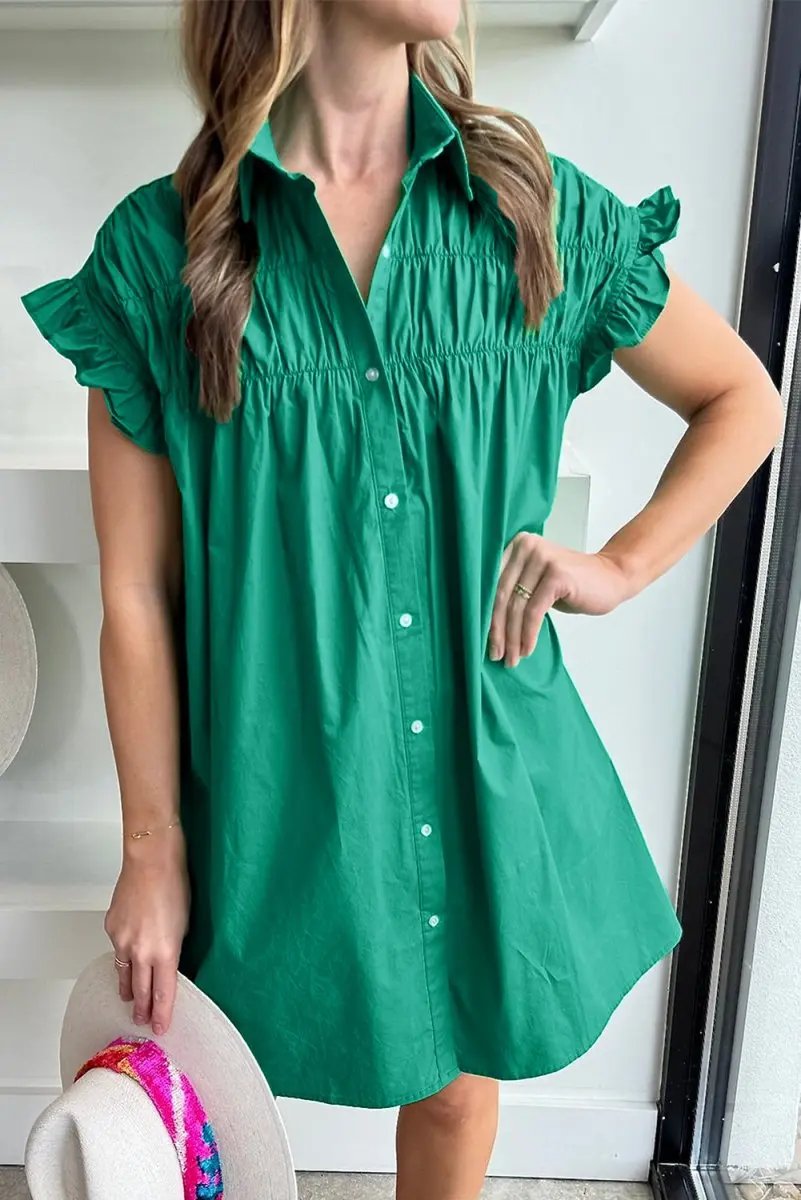 Bright Green Shirred Ruffle Sleeve Button Up Short Dress - Love Salve